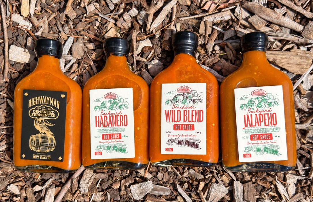 The Demented Fermenter hot sauce range on bark